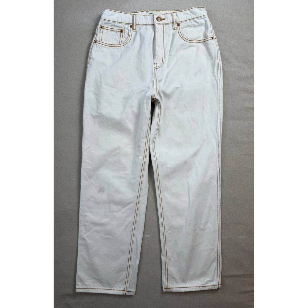 Tory Burch Size 31 White‎ Straight Leg Jeans Contrast Camel Stitching High Rise